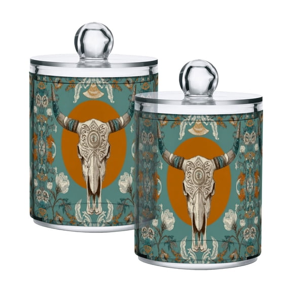 2 PCS Plastic Storage Canister Clear with Lids Airtight Cotton Swabs Cans Bathroom Jar Floss Organizer Cow Skull and Moon Pattern