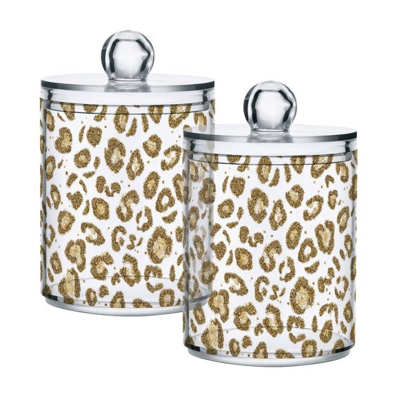 2 PCS Plastic Storage Canister Clear with Lids Airtight Cotton Swabs Cans Bathroom Jar Floss Organizer Gold Leopard Print Pattern