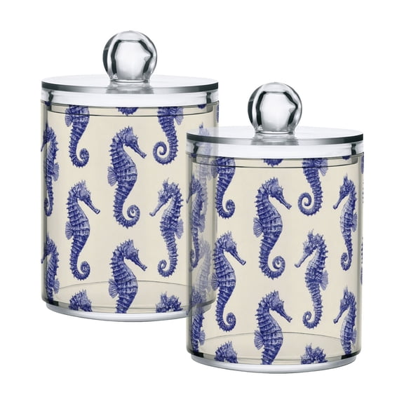 2 PCS Plastic Storage Canister Clear with Lids Airtight Cotton Swabs Cans Bathroom Jar Floss Organizer Indigo Blue Seahorses Pattern