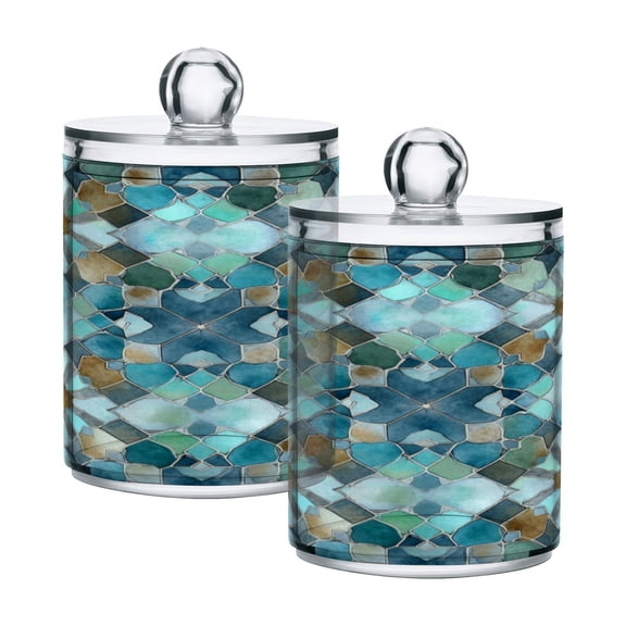2 PCS Plastic Storage Canister Clear with Lids Airtight Cotton Swabs Cans Bathroom Jar Floss Organizer Intricate Blue Block Pattern