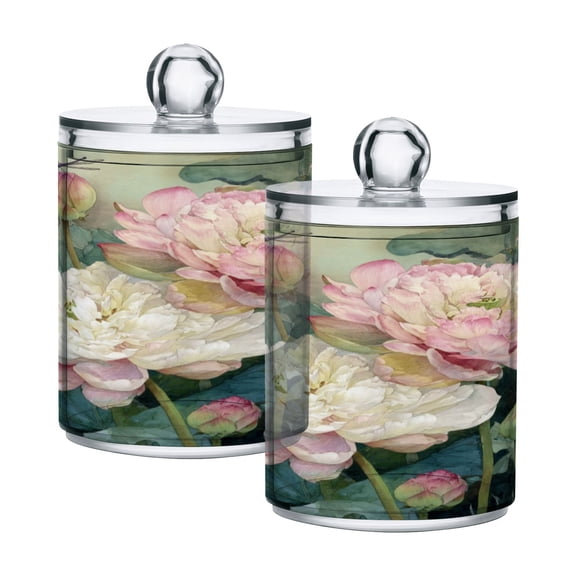 2 PCS Plastic Storage Canister Clear with Lids Airtight Cotton Swabs Cans Bathroom Jar Floss Organizer Light Pink Lotus