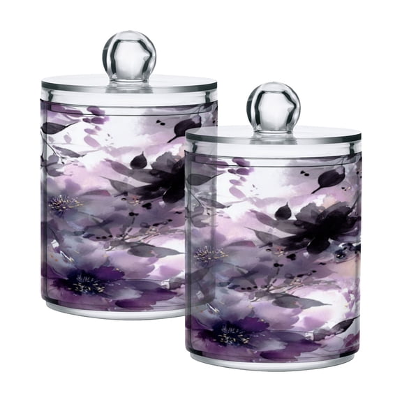 2 PCS Plastic Storage Canister Clear with Lids Airtight Cotton Swabs Cans Bathroom Jar Floss Organizer Light Purple and Black Floral