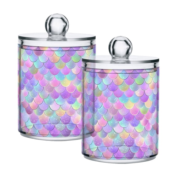 2 PCS Plastic Storage Canister Clear with Lids Airtight Cotton Swabs Cans Bathroom Jar Floss Organizer Mermaid Scale Pattern
