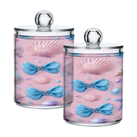 2 PCS Plastic Storage Canister Clear with Lids Airtight Cotton Swabs Cans Bathroom Jar Floss Organizer Seashells and Bows