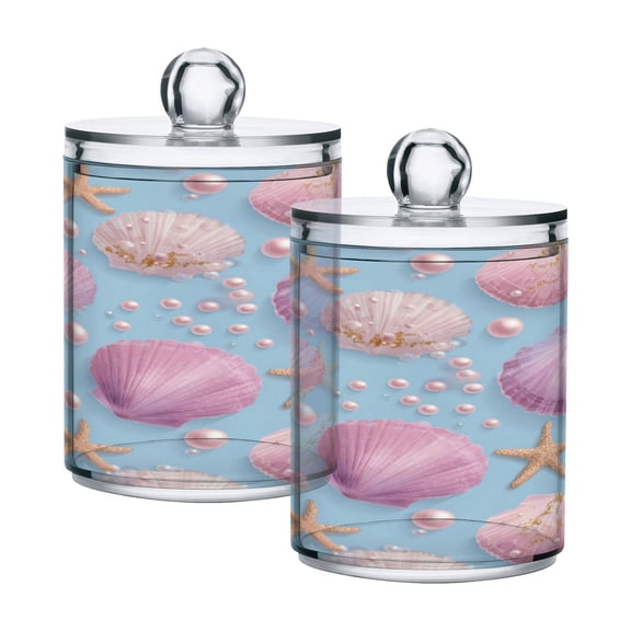 2 PCS Plastic Storage Canister Clear with Lids Airtight Cotton Swabs Cans Bathroom Jar Floss Organizer Seashells and Pearls Pattern