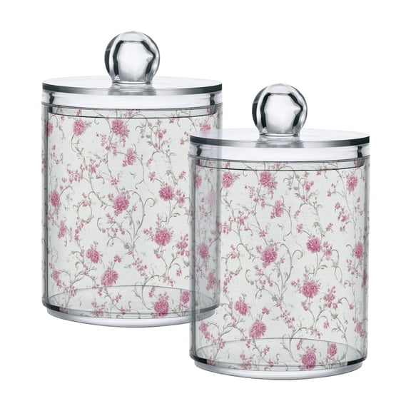 2 PCS Plastic Storage Canister Clear with Lids Airtight Cotton Swabs Cans Bathroom Jar Floss Organizer Small Pink Floral Pattern