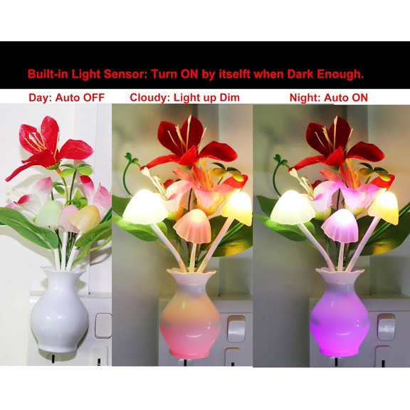 2 PCS Plug-in Night Light with Auto Light Sensor,RGB LED Mushroom Night Light Wall Red Lily Flower Lamp Energy Efficient Light for Adults Kids Nursery Room,Bedroom,Lounge,Hallway,Stairs