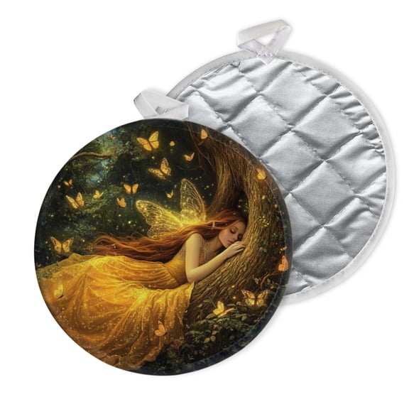 2 PCS Pot Holders for Kitchen,Potholders Sets with Hook for Oven,Cooking,Baking,Fairy Sleeping In The Forest Surrounded By Butterflies And Glowing Light Particles