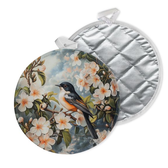 2 PCS Pot Holders for Kitchen,Potholders Sets with Hook for Oven,Cooking,Baking,Bird Perched On Branch Of Blossoming Flowers