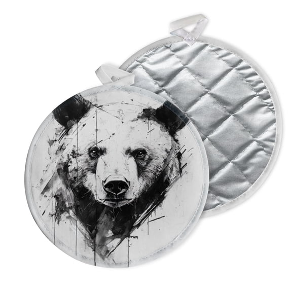 2 PCS Pot Holders for Kitchen,Potholders Sets with Hook for Oven,Cooking,Baking,Black - And - White Splashed - Ink Bear Head