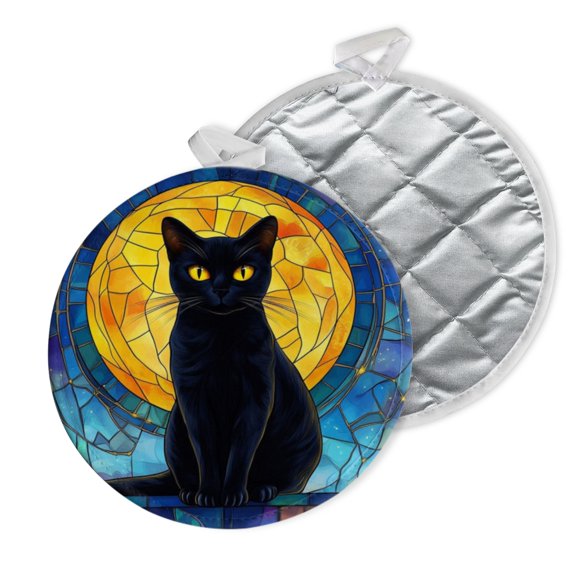 2 PCS Pot Holders for Kitchen,Potholders Sets with Hook for Oven,Cooking,Baking,Black Cat In Glass Style