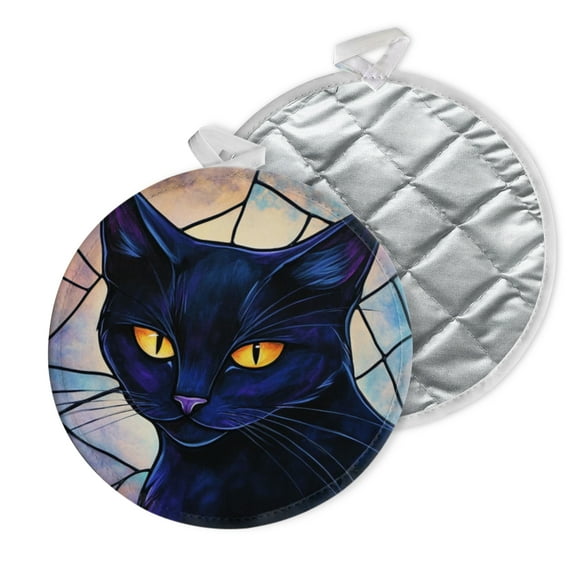 2 PCS Pot Holders for Kitchen,Potholders Sets with Hook for Oven,Cooking,Baking,Black Cat In Stained Glass Style