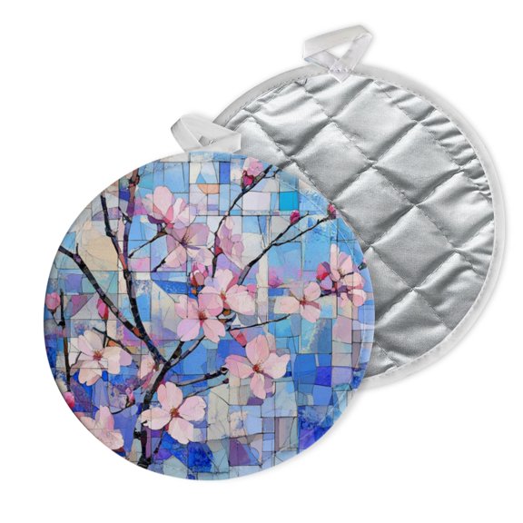 2 PCS Pot Holders for Kitchen,Potholders Sets with Hook for Oven,Cooking,Baking,Blue - Toned Mosaic Cherry Blossom Branch