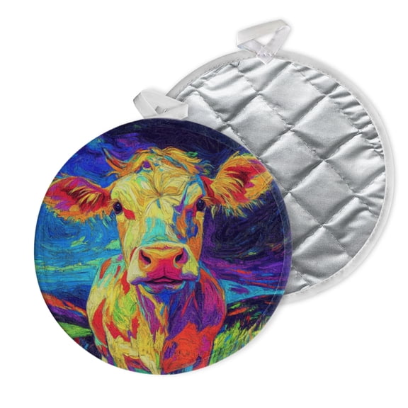 2 PCS Pot Holders for Kitchen,Potholders Sets with Hook for Oven,Cooking,Baking,Colorful Cow In Whirlwind Of Brushstrokes
