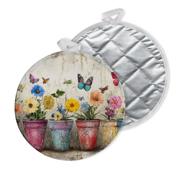 2 PCS Pot Holders for Kitchen,Potholders Sets with Hook for Oven,Cooking,Baking,Colorful Flower Pots With Butterflies