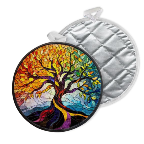 2 PCS Pot Holders for Kitchen,Potholders Sets with Hook for Oven,Cooking,Baking,Colorful Tree Of Life With Leaves And Flowers