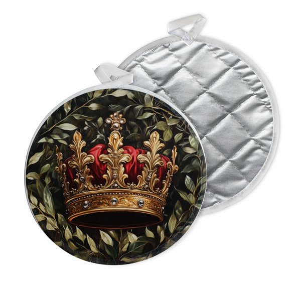 2 PCS Pot Holders for Kitchen,Potholders Sets with Hook for Oven,Cooking,Baking,Crown Featuring Red And Gold Colors Green Leaves