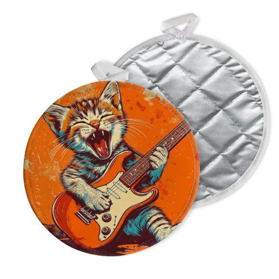 2 PCS Pot Holders for Kitchen,Potholders Sets with Hook for Oven,Cooking,Baking,Cute Kitten Playing Electric Guitar (2)