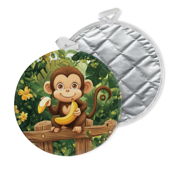 2 PCS Pot Holders for Kitchen,Potholders Sets with Hook for Oven,Cooking,Baking,Cute Monkey Holding Open Banana In Hand