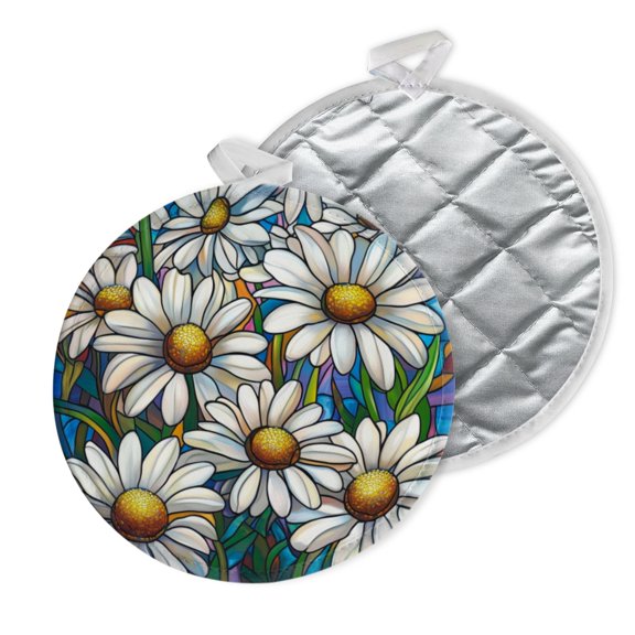 2 PCS Pot Holders for Kitchen,Potholders Sets with Hook for Oven,Cooking,Baking,Daisies With Geometric Stained - Glass Pattern