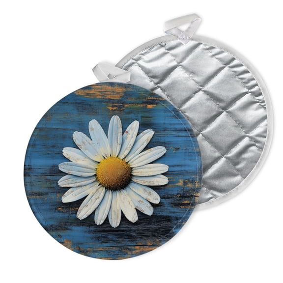2 PCS Pot Holders for Kitchen,Potholders Sets with Hook for Oven,Cooking,Baking,Daisy On Blue Wooden Texture With Subtle Texture Art