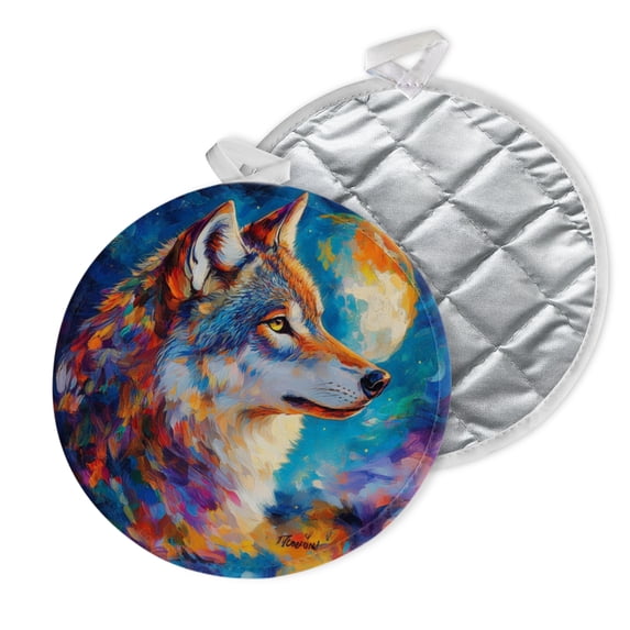 2 PCS Pot Holders for Kitchen,Potholders Sets with Hook for Oven,Cooking,Baking,Expressionist - Style Wolf With Lunar Background