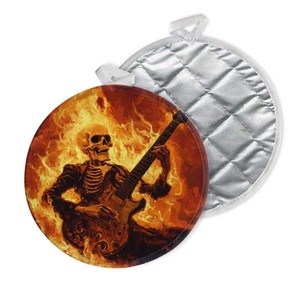 2 PCS Pot Holders for Kitchen,Potholders Sets with Hook for Oven,Cooking,Baking,Flaming Skeleton And Electric Guitar
