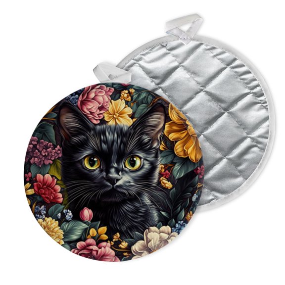 2 PCS Pot Holders for Kitchen,Potholders Sets with Hook for Oven,Cooking,Baking,Flowers And Mysterious Black Cat