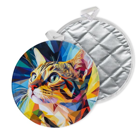 2 PCS Pot Holders for Kitchen,Potholders Sets with Hook for Oven,Cooking,Baking,Geometric - Inspired Cat With Curious Gaze