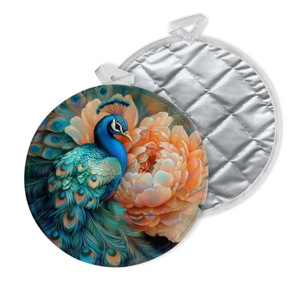 2 PCS Pot Holders for Kitchen,Potholders Sets with Hook for Oven,Cooking,Baking,Gorgeous Multicolored Peacock Bird Peony Flower Multicolor