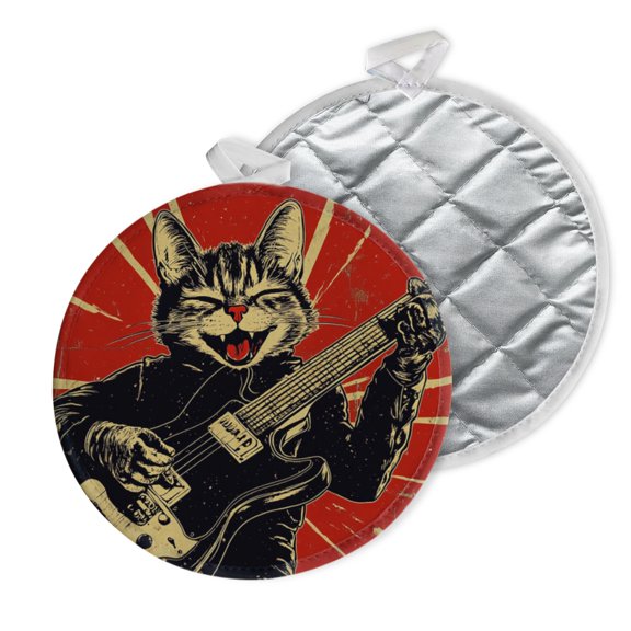 2 PCS Pot Holders for Kitchen,Potholders Sets with Hook for Oven,Cooking,Baking,Happy Kitten Playing Electric Guitar