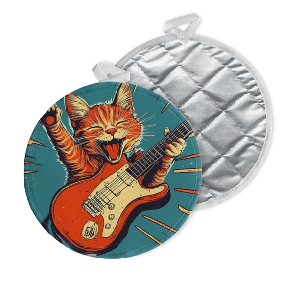 2 PCS Pot Holders for Kitchen,Potholders Sets with Hook for Oven,Cooking,Baking,Happy Kitten Playing Guitar