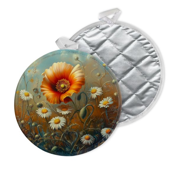 2 PCS Pot Holders for Kitchen,Potholders Sets with Hook for Oven,Cooking,Baking,Hyper - Realistic Painting Of Poppy And Daisies