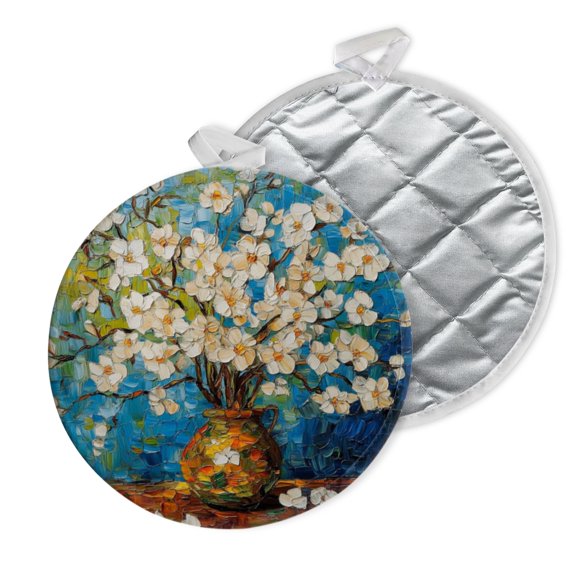 2 PCS Pot Holders for Kitchen,Potholders Sets with Hook for Oven,Cooking,Baking,Impasto Painting Of White Flowers In Textured Vase