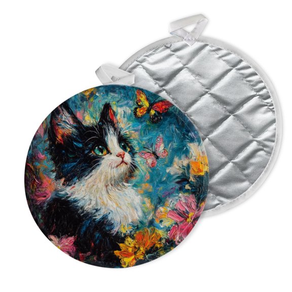 2 PCS Pot Holders for Kitchen,Potholders Sets with Hook for Oven,Cooking,Baking,Impasto - Style Tuxedo Cat With Butterflies And Flowers