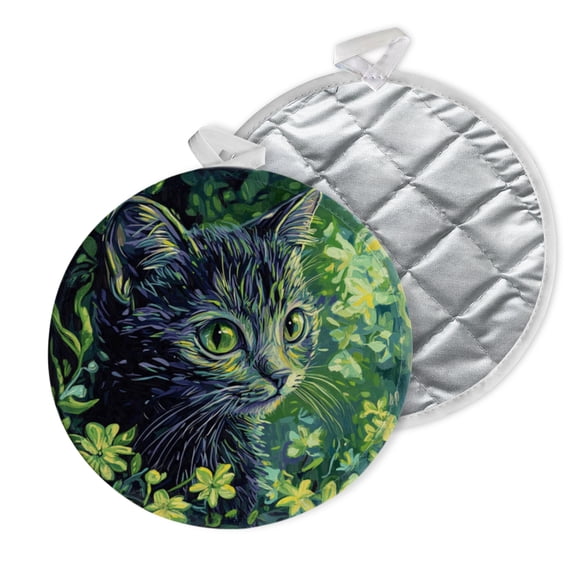 2 PCS Pot Holders for Kitchen,Potholders Sets with Hook for Oven,Cooking,Baking,Impressionist - Style Black Cat In Greenery