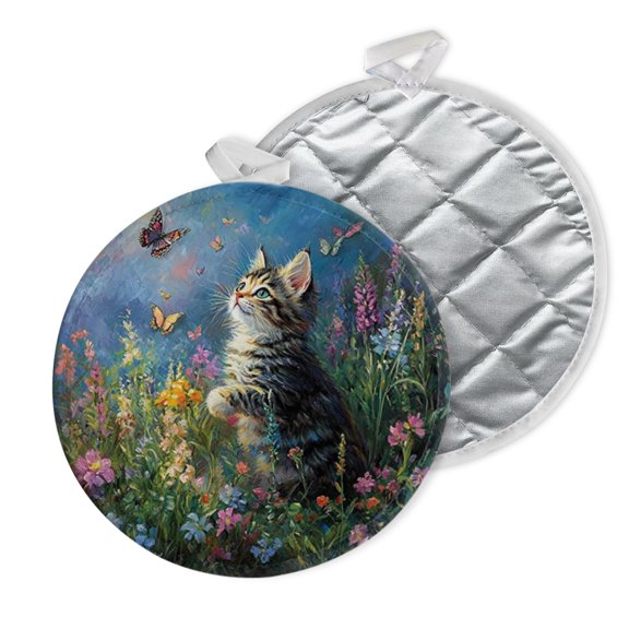 2 PCS Pot Holders for Kitchen,Potholders Sets with Hook for Oven,Cooking,Baking,Kitten And Butterflies In Flower Field Art