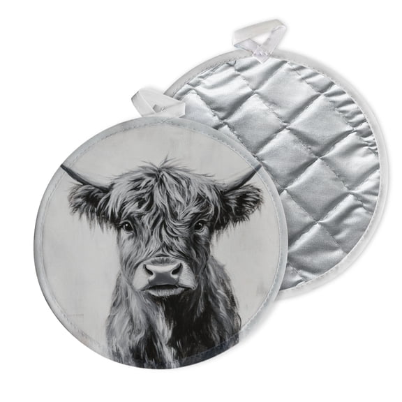 2 PCS Pot Holders for Kitchen,Potholders Sets with Hook for Oven,Cooking,Baking,Monochrome Highland Cow Painting