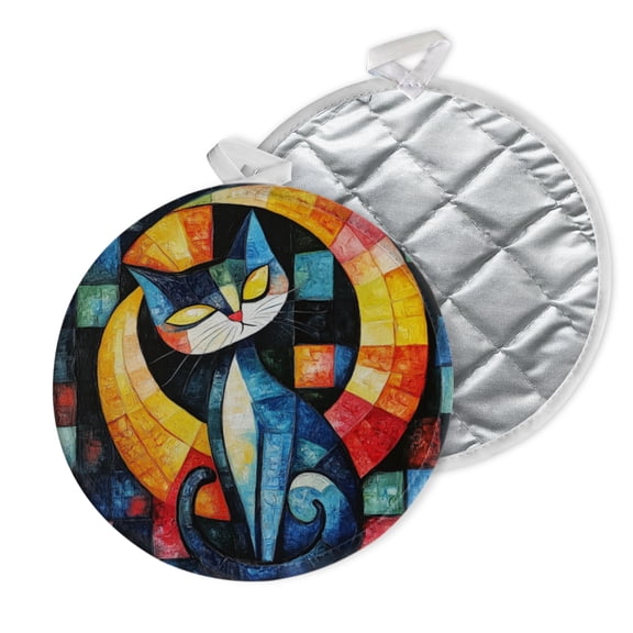2 PCS Pot Holders for Kitchen,Potholders Sets with Hook for Oven,Cooking,Baking,Mosaic - Style Cat With Circular Motif