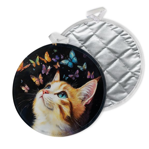 2 PCS Pot Holders for Kitchen,Potholders Sets with Hook for Oven,Cooking,Baking,Oil - Painted Tabby Cat And Butterflies