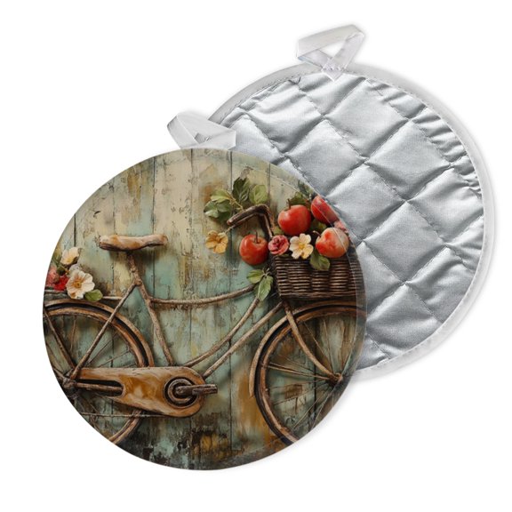 2 PCS Pot Holders for Kitchen,Potholders Sets with Hook for Oven,Cooking,Baking,Old Bicycle And Basket Full Of Apples