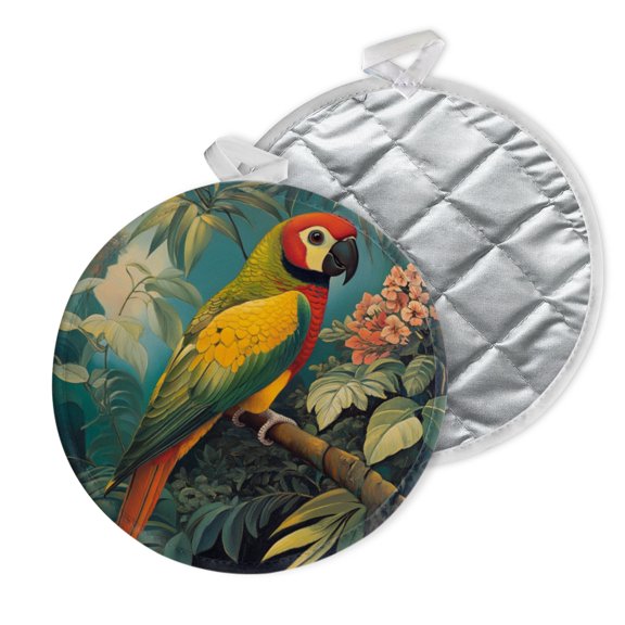 2 PCS Pot Holders for Kitchen,Potholders Sets with Hook for Oven,Cooking,Baking,Parrot Among Green Leaves And Blooming Flowers
