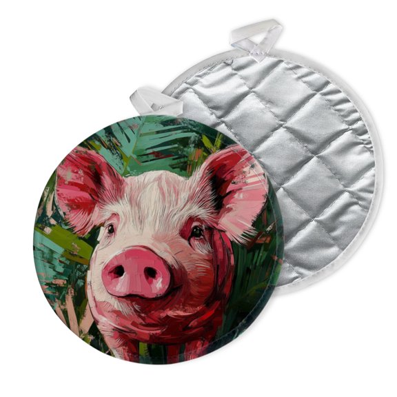 2 PCS Pot Holders for Kitchen,Potholders Sets with Hook for Oven,Cooking,Baking,Pink Pig Amidst Lush Green Foliage
