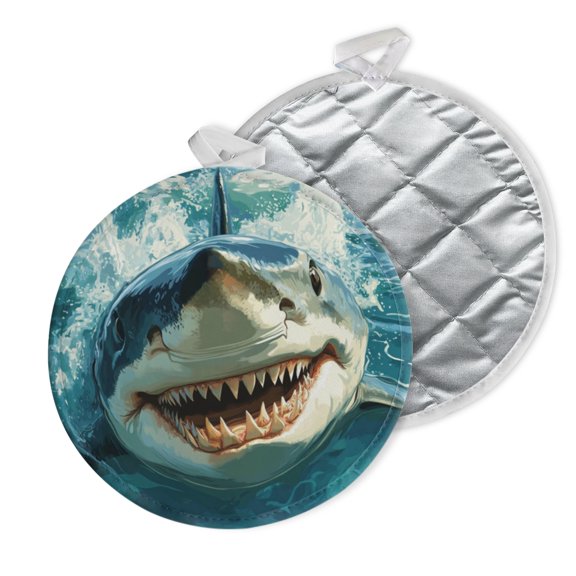 2 PCS Pot Holders for Kitchen,Potholders Sets with Hook for Oven,Cooking,Baking,Realistic Great White Shark In The Ocean