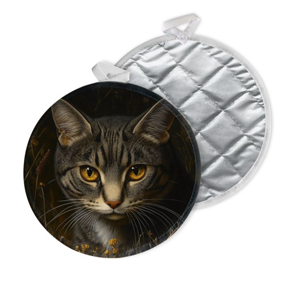 2 PCS Pot Holders for Kitchen,Potholders Sets with Hook for Oven,Cooking,Baking,Realistic Oil Painting Of Tabby Cat In Wildflowers