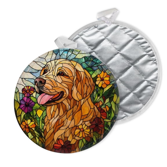 2 PCS Pot Holders for Kitchen,Potholders Sets with Hook for Oven,Cooking,Baking,Realistic Stained Glass Design Of Golden Retriever