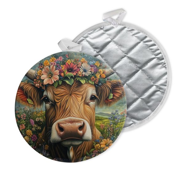 2 PCS Pot Holders for Kitchen,Potholders Sets with Hook for Oven,Cooking,Baking,Realistic - Style Cow And Flowers