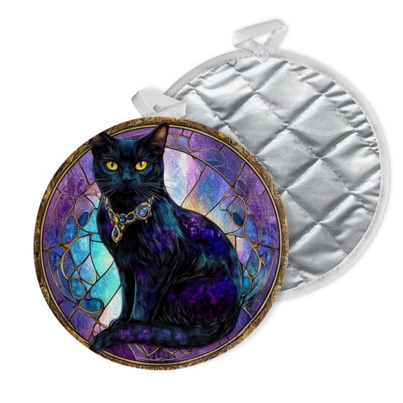 2 PCS Pot Holders for Kitchen,Potholders Sets with Hook for Oven,Cooking,Baking,Round Clipart Black Cat In Stained Glass Style