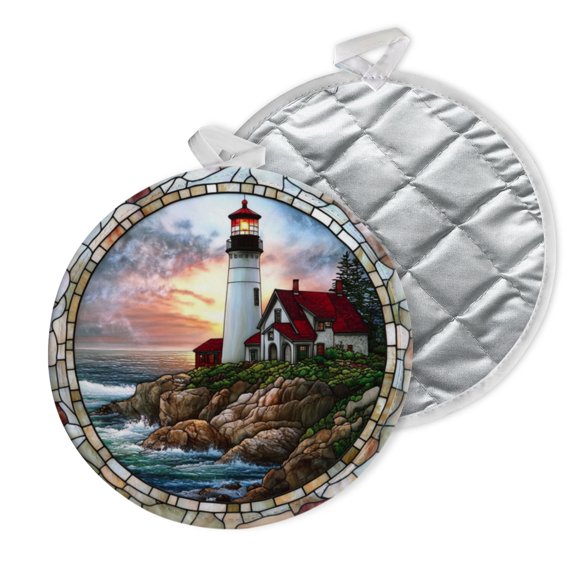 2 PCS Pot Holders for Kitchen,Potholders Sets with Hook for Oven,Cooking,Baking,Stained Glass Of Lighthouse In The Ocean