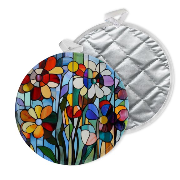 2 PCS Pot Holders for Kitchen,Potholders Sets with Hook for Oven,Cooking,Baking,Stained - Glass Style Flower Composition